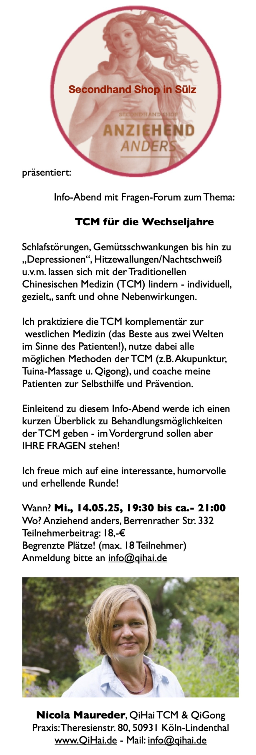 QiHai TCM-Praxis in Köln-Lindenthal, Info-Abend zum Thema Wechseljahre, Schlafstörung, Depression, Akupunktur, Hormone