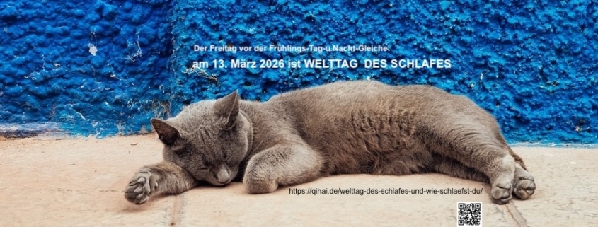 friedlich schlafende Katze als Sinnbild für den Welttag des Schlafes und Link zum Blog von https://qihai.de/welttag-des-schlafes-und-wie-schlaefst-du/