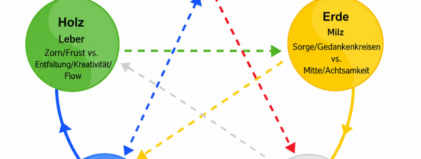 TCM & Psyche: Die in der Grafik dargestellten Wandlungsphasen („Elemente“) nebst zuständigen Organen und Emotionen zeigen im Kreis den Entstehungszyklus, und die Pfeile durch die Mitte zeigen die Kontrollfunktionen. (Was davon jeweils für Dich persönlich tatsächlich relevant ist zu wissen, ist dann Thema in der eigenen TCM-Behandlung…) QiHai TCM & QiGong Köln - Nicola Maureder